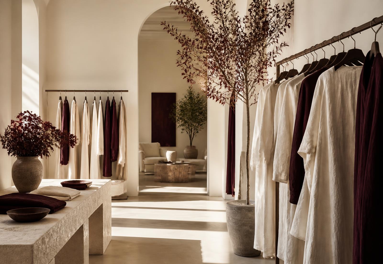 Intérieur clair d'une boutique de mode avec des vêtements en lin
